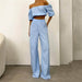 Color-Light Blue-Two Piece Women Summer Pure Cotton Champray Solid Color off Neck Short Sleeved Top High Waist Wide Leg Pants Casual Suit-Fancey Boutique
