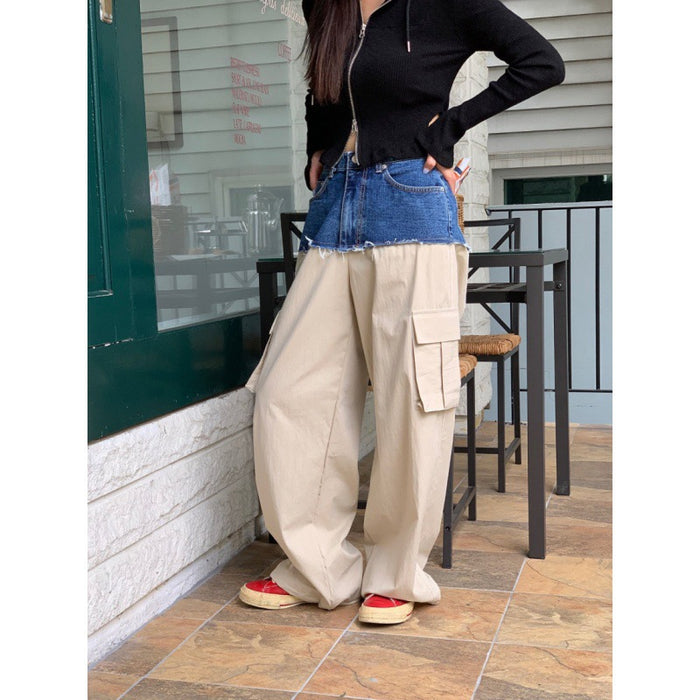 Color-Black-Korean Chic Autumn Winter Niche Personality High Waist All Matching Button Pocket Denim Stitching Workwear Casual Pants Trousers Women-Fancey Boutique