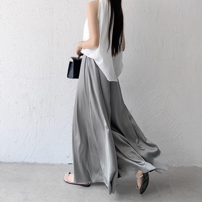 Arrival Summer Skirt Women High Grade Niche Ice Silk Wide Leg Pants Loose Drooping Elastic Waist Large Swing Skirt-Gray-Fancey Boutique