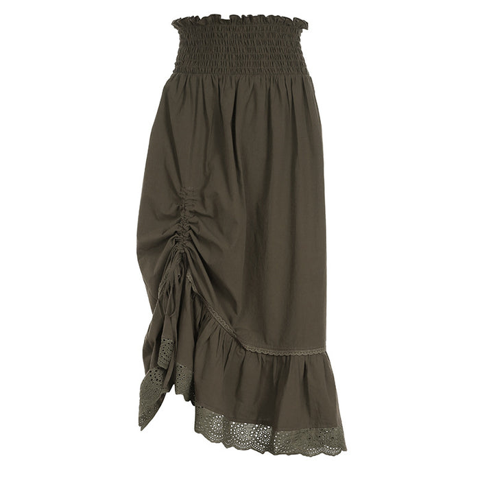 Color-Army Green-Street Retro Skirt High Waist Asymmetric Lace Stitching Casual Sexy Pleated Skirt-Fancey Boutique