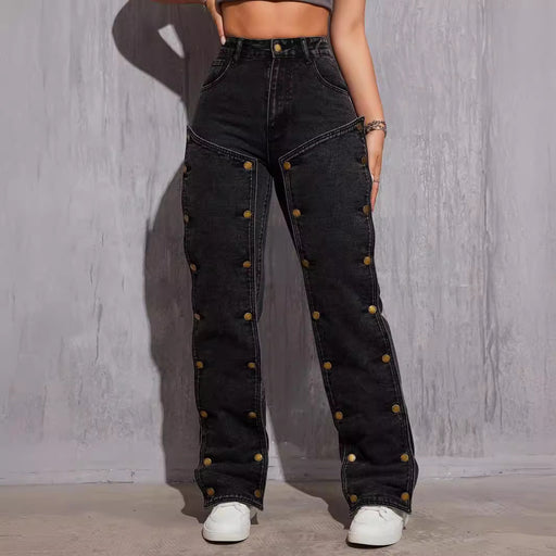 Denim Non Stretch Hip Hop Detachable Multi Button Stitching Straight Cargo Pants-Fancey Boutique