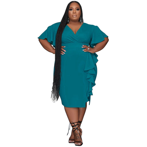 Color-Turquoise-Plus Size Elegant Women Clothing Solid Color V neck Ruffled Slim Fit Sexy Dress-Fancey Boutique