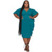 Color-Turquoise-Plus Size Elegant Women Clothing Solid Color V neck Ruffled Slim Fit Sexy Dress-Fancey Boutique