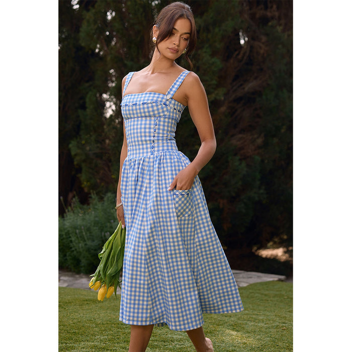 Sexy Women Clothing Summer Pastoral Mid Length Blue Plaid Sling Dress Summer Women High Sense Vacation Dress-Fancey Boutique