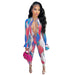 Color-Blue Multicolor-Autumn Sexy Mesh See through Tied Long Sleeves Jumpsuit-Fancey Boutique