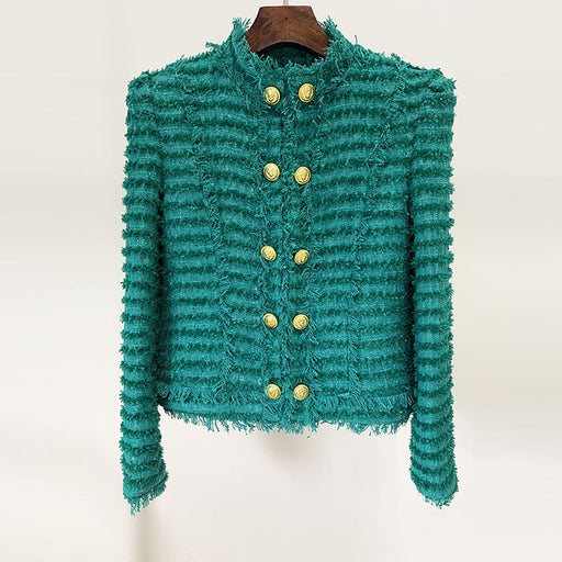 Color-Peacock green-Goods Autumn Winter Star Tassel Fringe Tweed Stand Collar Slim Fit Jacket-Fancey Boutique