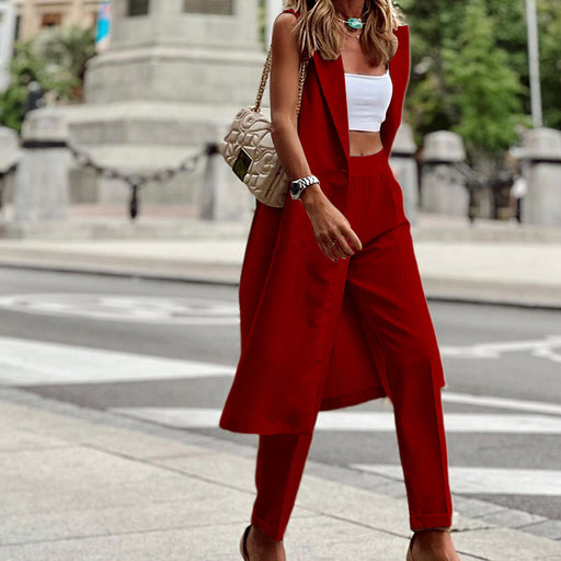 Color-Red-Autumn Women Clothing Long Sleeveless Coat Straight Leg Trousers Two Piece Set-Fancey Boutique