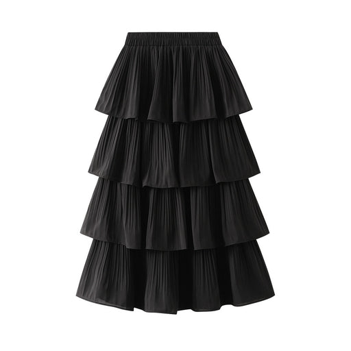 Color-Black-Wooden Ear Stitching Pleated Big Hem Skirt Women's Summer Mid Length Tiered Dress-Fancey Boutique