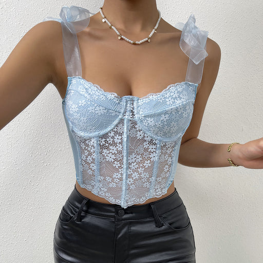 Color-Light Blue-Lace Floral Strap Mesh Hollow Out Cutout Diamond Boning Corset Vest Women Clothing-Fancey Boutique