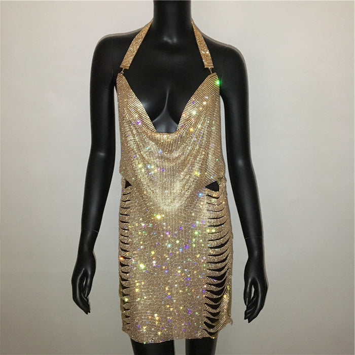 Women Clothing Popular Metal Rhinestone Dress Sexy Party Nightclub Halter Dress Women-Gold-Fancey Boutique