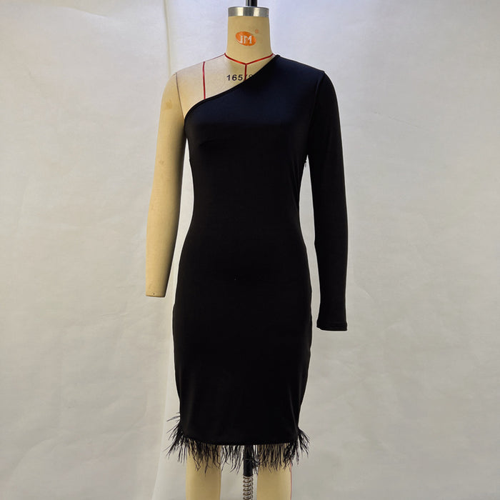 Color-Black-Women Clothing Sexy Oblique Shoulder Slimming Sheath Split Dress Furry Stitching Hem Dress-Fancey Boutique