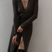 Split Strap Thread Knitted Dress Mid Length Autumn Winter Polo Collar Long Sleeve Sexy Tight Dress-Brown-Fancey Boutique