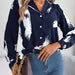 Color-Blue-Autumn Winter Contrast Color Striped Collar Long Sleeve Shirt Women Clothing-Fancey Boutique