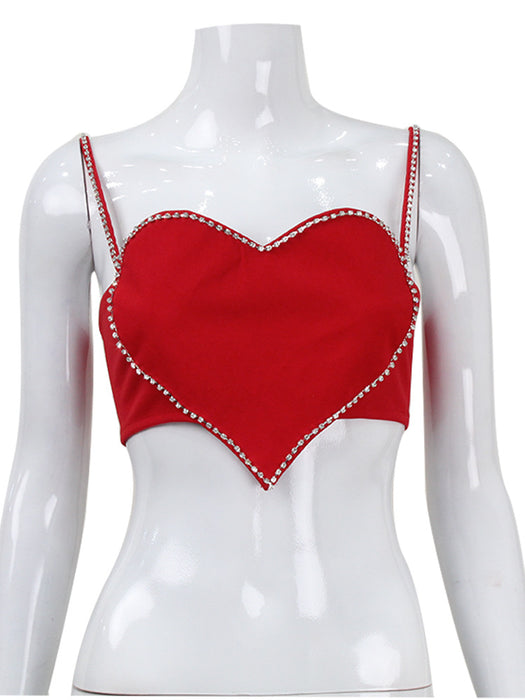 Color-Red-Women Clothing Sexy Heart Shape with Diamond Bandeau Sling Short Vest Cropped Sexy Top for Women-Fancey Boutique