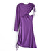 Color-Purple-Winter Elegant round Neck One Sleeve Purple Lace up Irregular Asymmetric Dress Women-Fancey Boutique