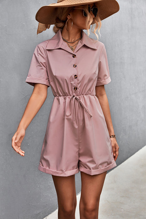 Color-Pink-Spring Summer Popular Shirt Collar Short Sleeve Lace-up Romper-Fancey Boutique