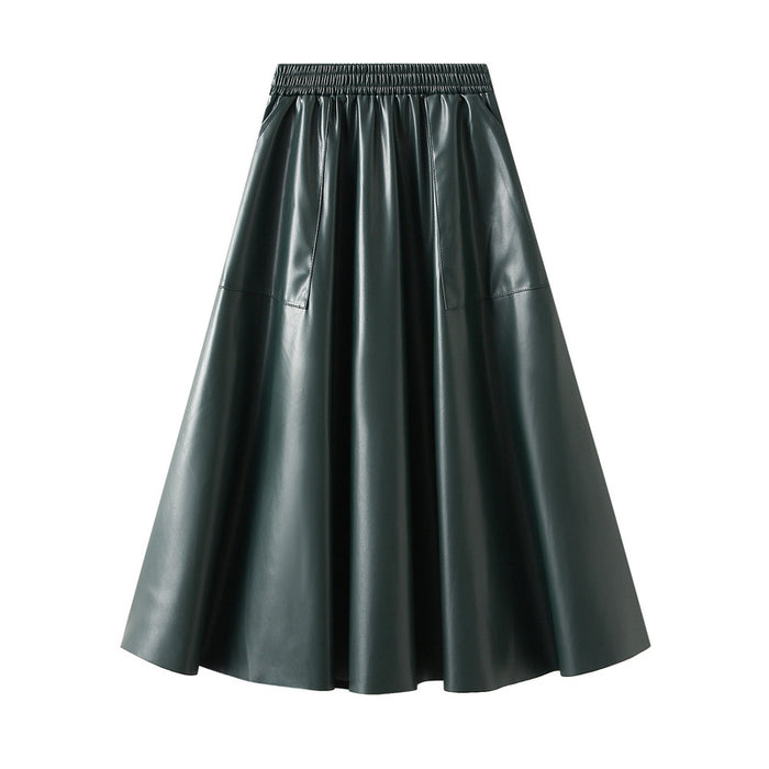 Color-Dark Green-Retro Large Pocket Leather Skirt Women Autumn High Waist Slimming Large Hem Umbrella Skirt-Fancey Boutique