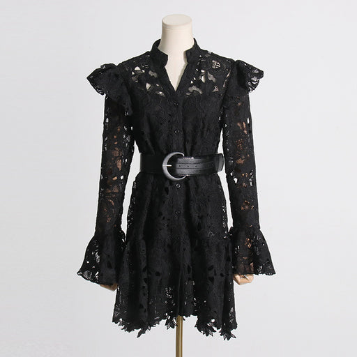 Color-Black-Retro Artistic Spring Lace Embroidered Lace Flying Sleeves Design Solid Color Dress for Women-Fancey Boutique