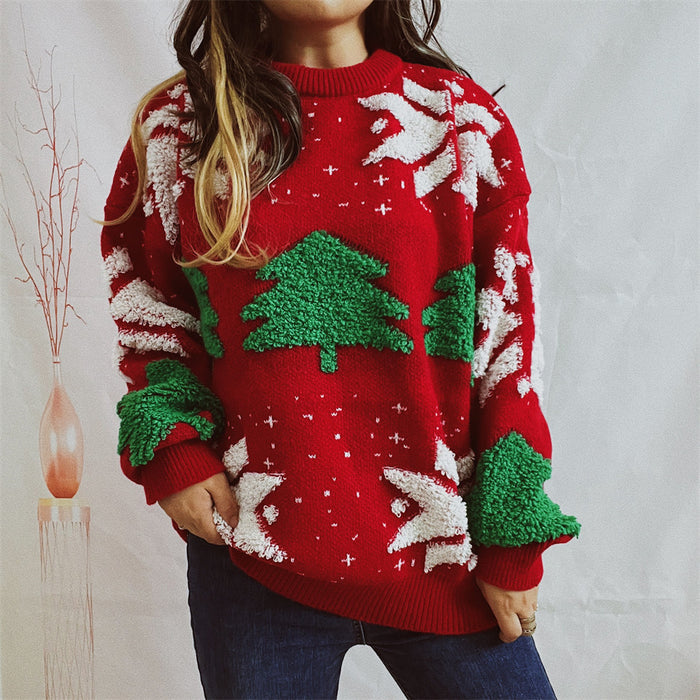 Color-Red-Autumn Winter Christmas Tree Jacquard Round Neck Long Sleeved Thickened Knitted Pullover Christmas Sweater for Women-Fancey Boutique