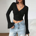 Women V neck Flared Sleeves T shirt Summer Elegant Solid Color Pullover Long Sleeve Short Top for Women-Fancey Boutique