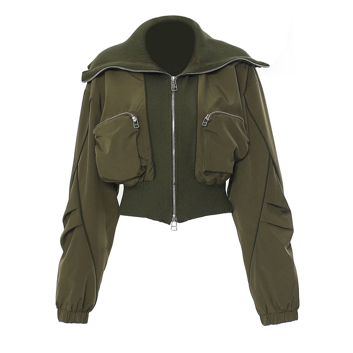 Color-Army Green-Autumn Winter Personal Casual Three Dimensional Zipper Pocket Large Collared Varsity Jacket Jacket Women-Fancey Boutique