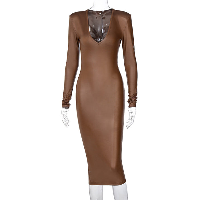 Color-Brown-Faux Leather V-neck Long Sleeve Elegant Dress Women-Fancey Boutique