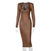Color-Brown-Faux Leather V-neck Long Sleeve Elegant Dress Women-Fancey Boutique