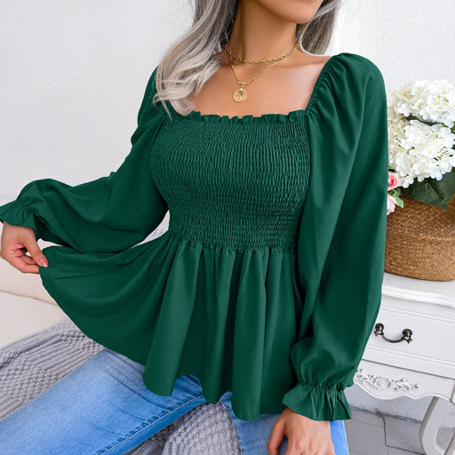 Color-Green-Spring Summer Casual Wooden Ear Square Collar Long Sleeve Chiffon Shirt Women Clothing-Fancey Boutique