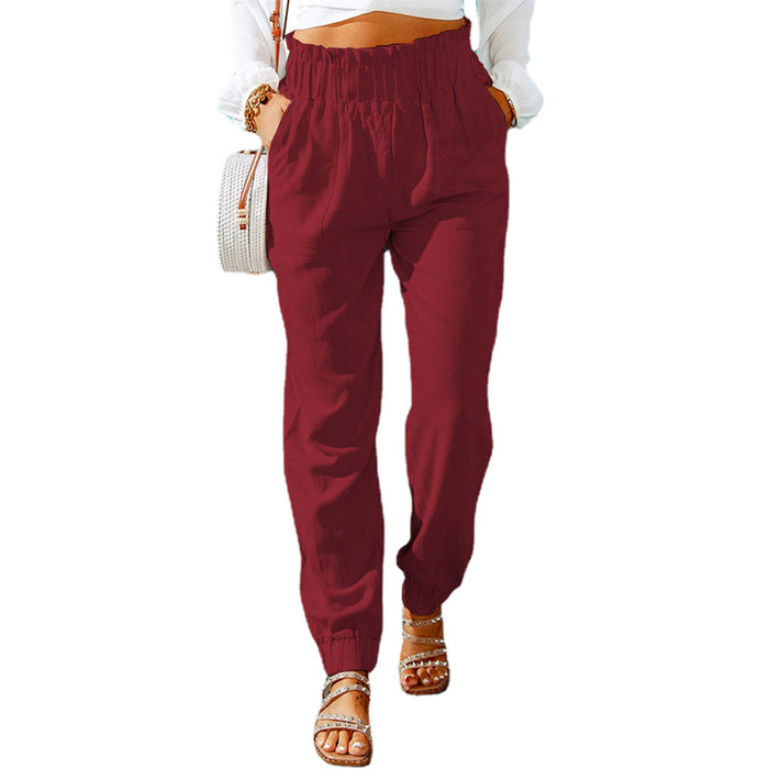 Color-Burgundy-Women Clothing Spring Ruffled Elastic Waist High Waisted Trousers-Fancey Boutique