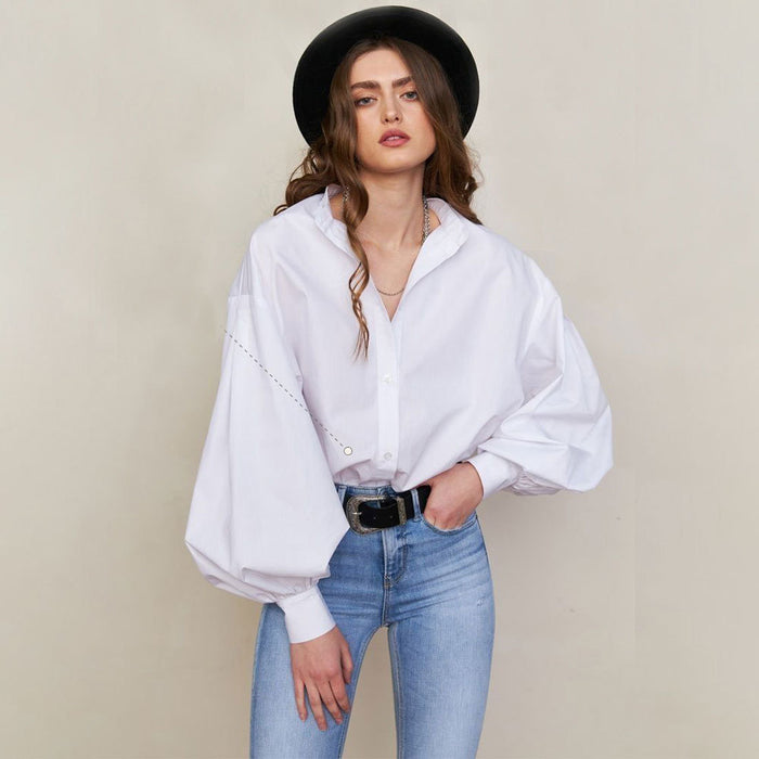 Lantern Sleeve Solid Color Shirt Spring Summer Adult Lady like Woman Office All Matching Loose Round Neck Shirt-Fancey Boutique