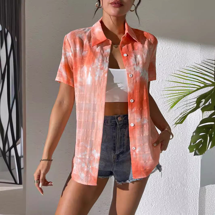 Women Clothing Summer Tie Dyed Slim Shirt Collar Short Sleeve Women Shirt-Fancey Boutique