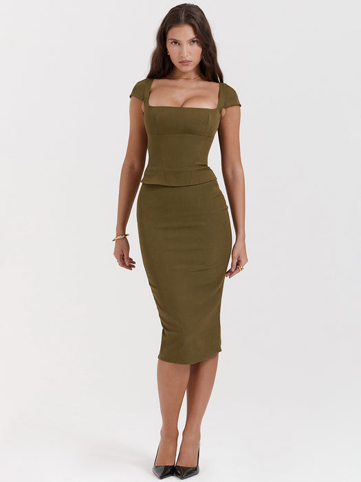 Dress Square Collar Skinny Sheath Mid Length Slim Fit Backless French Dress Women Clothing-Green-Fancey Boutique