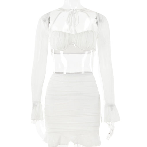 Color-White-Spring Summer Sexy Square Neck Bell Sleeve Backless Stitching Hip Skirt Set-Fancey Boutique