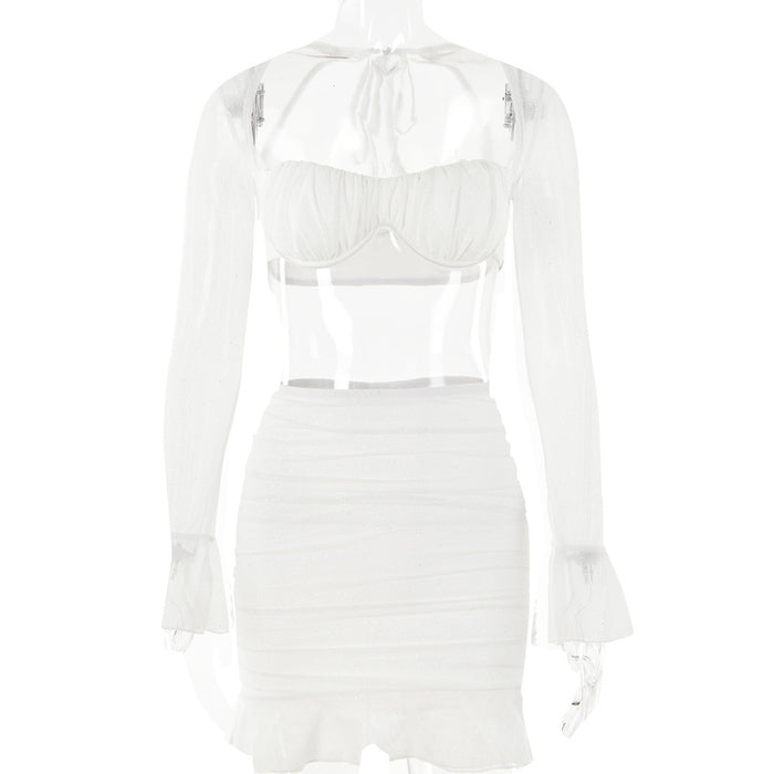 Color-White-Spring Summer Sexy Square Neck Bell Sleeve Backless Stitching Hip Skirt Set-Fancey Boutique