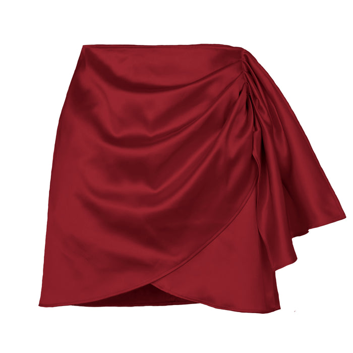 Color-Burgundy-Summer Irregular Asymmetric Zipper Skirt Pleated Positioning Solid Color Satin High Waist Skirt Women Clothing-Fancey Boutique