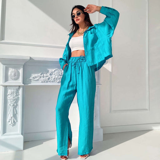 Color-Women Commuting Wear Spring Summer Polo Collar Shirt Top Split Wide Leg Pants Two Piece Set Casual Set-Fancey Boutique