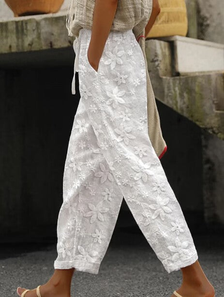 Color-White-Summer Cotton Linen Embroidery Tie Neck Casual Women Pants Cropped Elastic Waist-Fancey Boutique