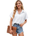 Color-White-Women V Neck Button Down Shirt Solid Color Bubble Wrinkle Loose Short Sleeve Shirt Top-Fancey Boutique
