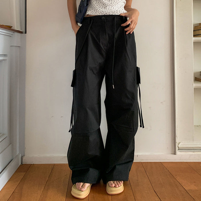 Street Three Dimensional Large Pocket Ribbon Design Loose Lace up Overalls Sexy Casual Slimming Wide Leg Pants