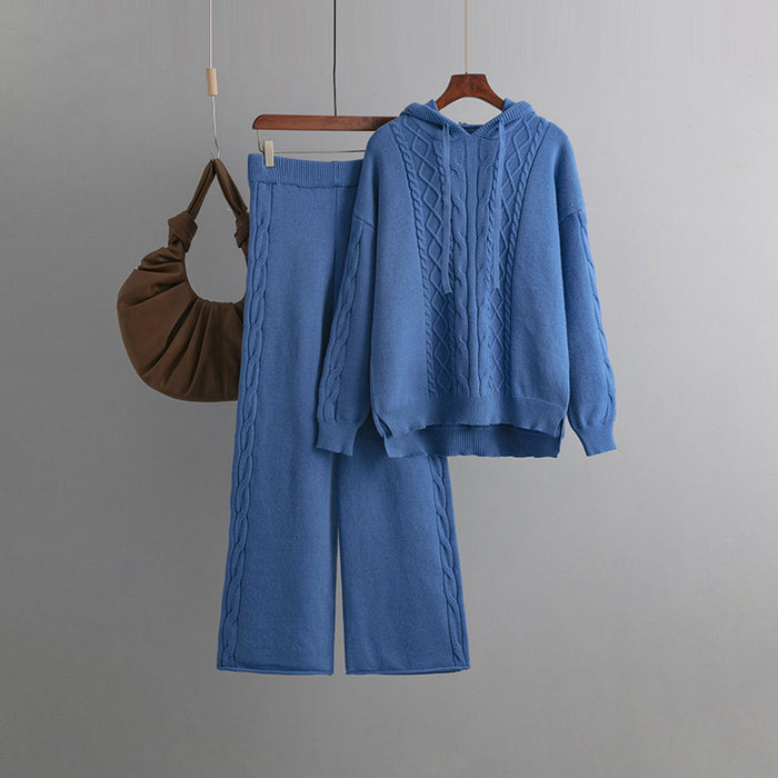 Color-Blue-Autumn Winter Suit Hoodie with Drawstrings Loose Sweater Draping Wide Leg Trousers Twist Two Piece Suit-Fancey Boutique