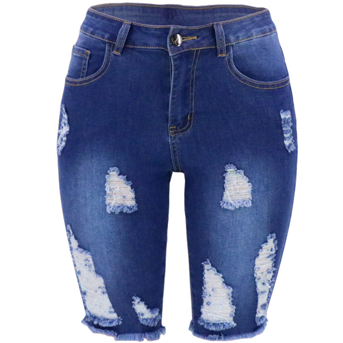 Color-Navy Blue-Ripped Slim Fit Women Denim Pants Jeans Summer-Fancey Boutique