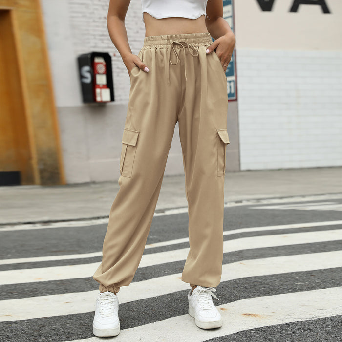 Color-Apricot-Autumn Winter Lacing Loose Cargo Pants Casual Pocket Ankle-Tied Trousers-Fancey Boutique