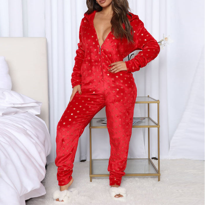 Color-Red background with star pattern-Autumn Winter Christmas Plaid Pajamas Home Wear Hooded Casual Pajamas-Fancey Boutique