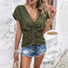 Color-Army Green-Women Clothing Spring Summer Elegant V neck Pleating Top-Fancey Boutique
