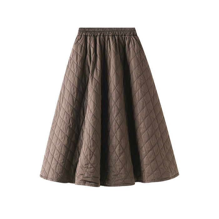 Color-Deep Coffee-South Korea Dongdaemun Autumn Elastic Waist Rhombus Woven Quilted A Line Slimming Skirt Women-Fancey Boutique