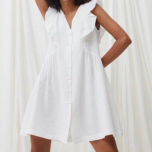 Color-White-Summer French Simplicity Natural Comfortable Wooden Ear Stitching Double Crepe Cotton Nightgown Women Home Wear-Fancey Boutique