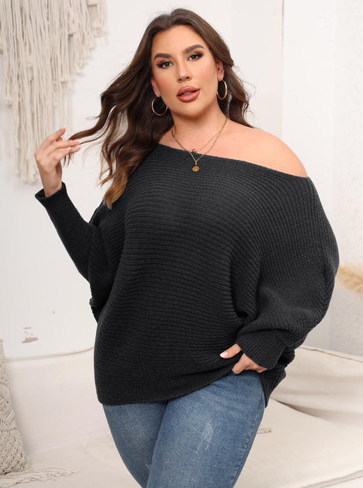 Color-Black-Women Pullover Woven Sweater plus Size Women Clothes Autumn Winter Sleeve Neck Shoulder Loose Sweater-Fancey Boutique
