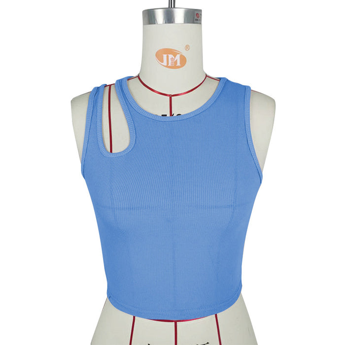 Summer Women Ribbed Bare Cropped Slim Fit Top Hollow Out Cutout Design Sleeveless round Neck Vest-Blue-Fancey Boutique