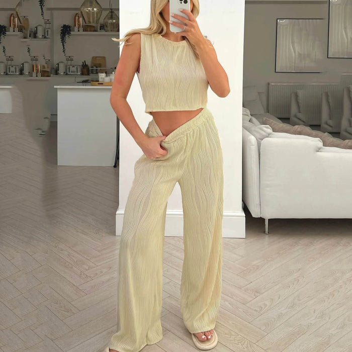 Color-Khaki-Summer Solid Color Sleeveless Vest Top Trousers Women Wear Two Piece Casual Suit for Women-Fancey Boutique