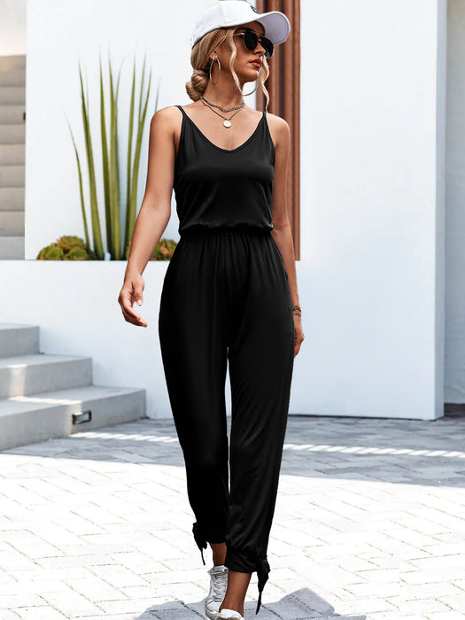 Color-Black-Spring Summer Solid Color Casual Hem Slit V neck Lace up Jumpsuit Trousers-Fancey Boutique